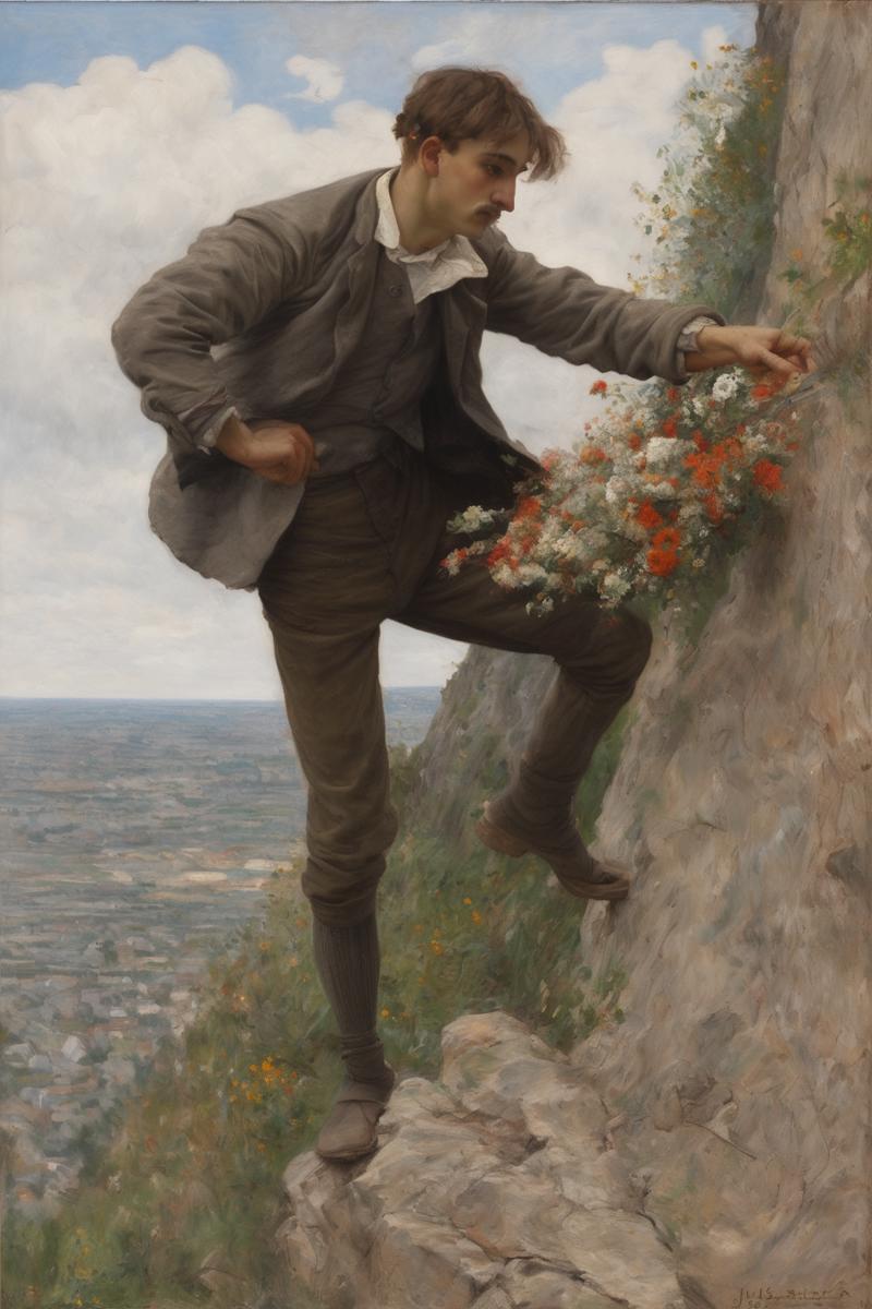 00588-3335451049-Jules Bastien-Lepage Style - oil painting of man on the edge of a precipice throwing flowers over the edge, Style of Jules Basti.png